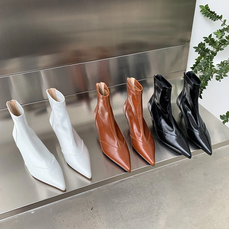

2022 New Arrivals Ankle Boots For Woman Pointed Toe Black White Brown Back Zipper Thin Mid Heels Stretch Shoes Sock Boots Autumn