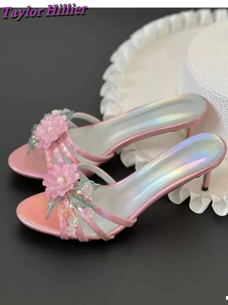 Фото Женские тапочки с розовым цветком Tacones, туфли без шнуровки на высоком каблуке с открытым носком, летняя модная шикарная верхняя одежда, элегантная обувь, большие размеры 2025 г. №3