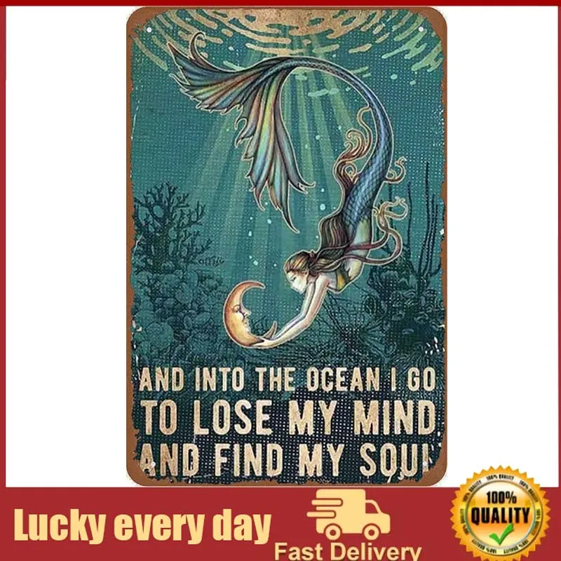 

Mermaid and The Moon-Wall Art Nostalgic tin Sign-Ocean Poster Mermaid Printing-Vintage tin Wall Metal-siding bar Family Poster