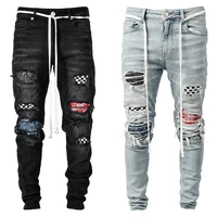 mens skinny ripped jeans fashion grid beggar patches slim fit stretch casual denim pencil pants painting jogging trousers men