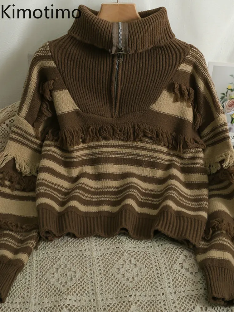 

Kimotimo Striped Tassel Zipper Turtleneck Sweater Women Autumn Winter Loose Long Sleeve Pullover Korean Fashion Retro Knitwear