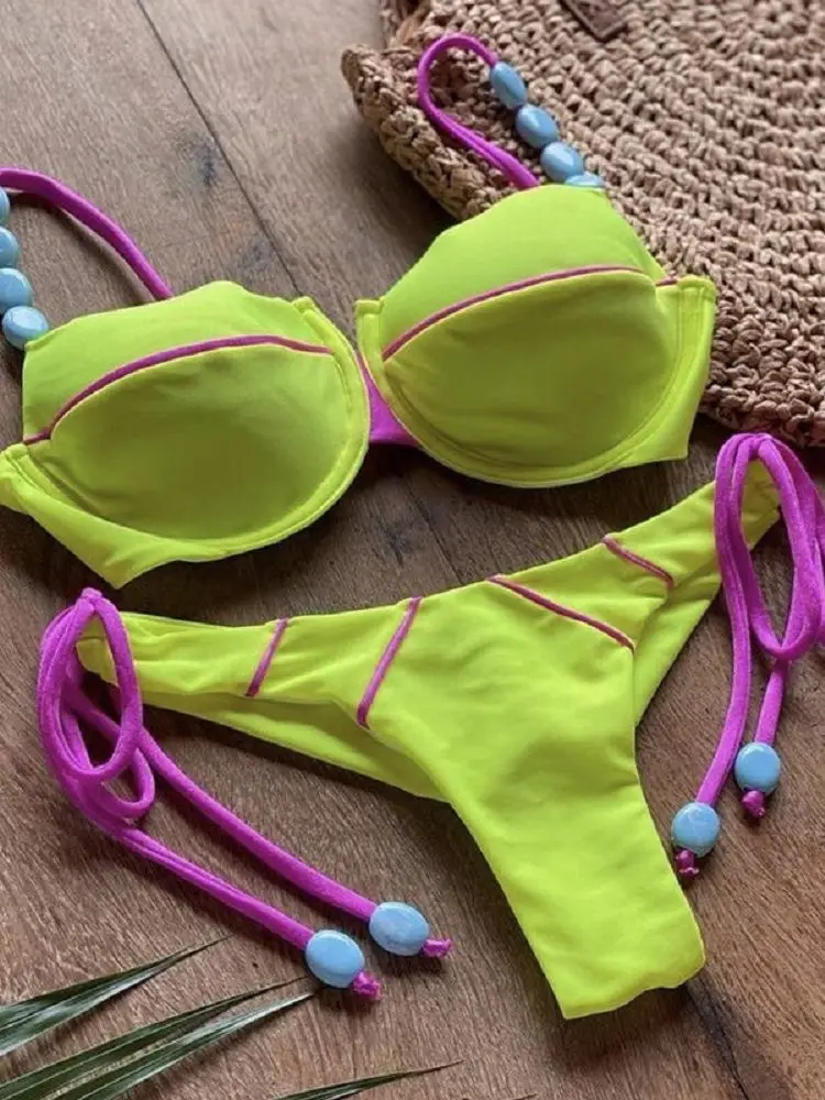 

Соблазнительное бикини 2023, комплект бикини с пуш-ап, желтый купальник, женский микро купальник, женское Бандажное бикини, пляжная одежда, ку...