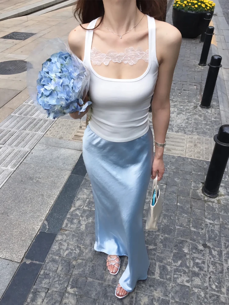 Blue Silky Satin High Waist Fishtail Skirt for Women Summer New High-Grade Drape Mid-Length Elegant A- line