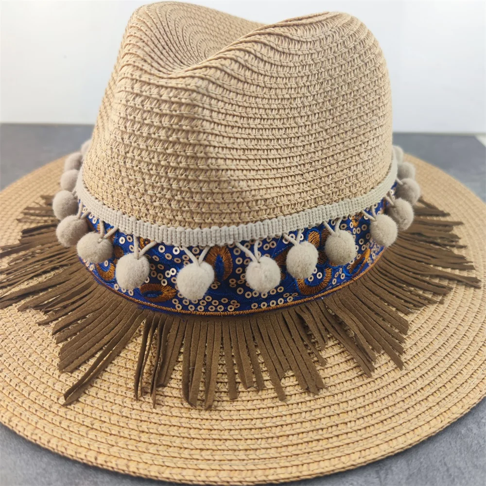 

Панама в стиле бохо для женщин, однотонная пляжная шляпа цвета хаки, с широкими полями, с бахромой, в стиле кэжуал, лето
