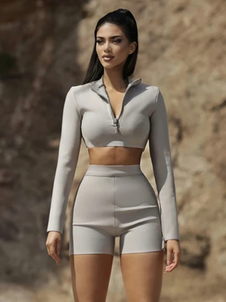 

Stand Collar Long Sleeve Bodycon Skirt Suit Grey Half Zipper Short Top Women Bodycon Bandage 2 Piece Set Celebrity Party Club