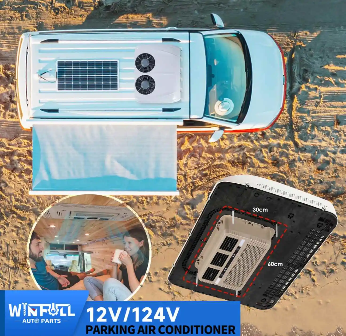 Фото Новый стояночный кондиционер WINFULL 24V R134a для автобусов, грузовиков, автодомов — двойные бесщеточные вентиляторы, 2500 Вт, охлаждение 13500 BTU, для модернизации/дооснащения №3