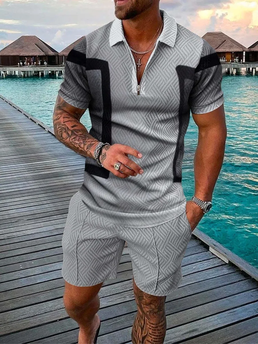 Summer Men Short-sleeved Polo Shirt Beach Shorts 3D Printed Zip-Collar Sports 2-piece Set High Quality Casual Fashion Polo Shirt