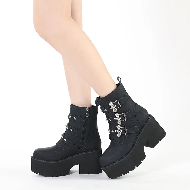 Spring Bat Metal Decorative Martin Boots Women's Thick Sole Short Boots Gothic Belt Buckle Sponge Shoes Platform Fashion Boots