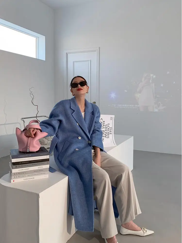 

Женское длинное шерстяное пальто с лацканами, двубортное Свободное пальто из 2023-ной шерсти с завязками и высоким воротником, верхняя одежда из альпака, Осень-зима 90%