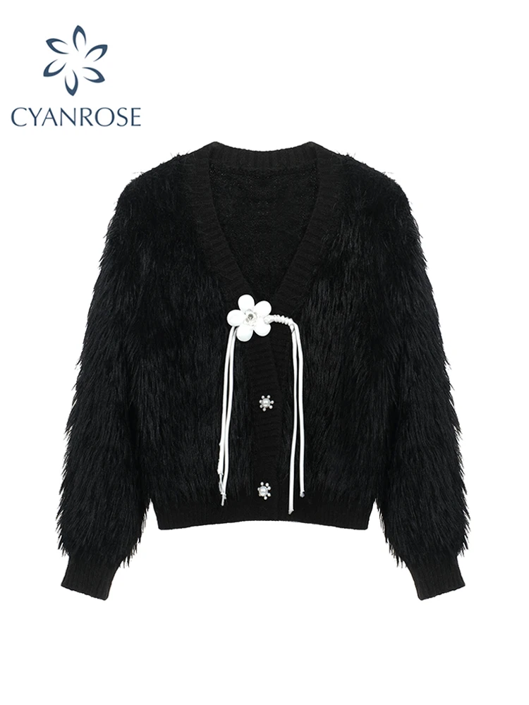 

Women Black Cardigan Knitted Sweater Fashion Ladies Kawaii Long Sleeve V-Neck Knit Sweater Korean Y2k Vintage Jumper Top Autumn