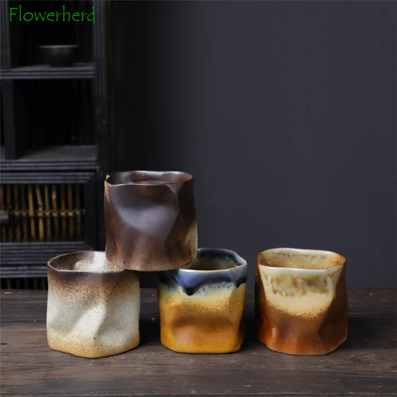 

Irregular Twisted Shape Cup Kiln Change Ceramic Coffee Tea Cup with Handle Polychromatic Creative Pottery Mugs Coffee Cups Retro