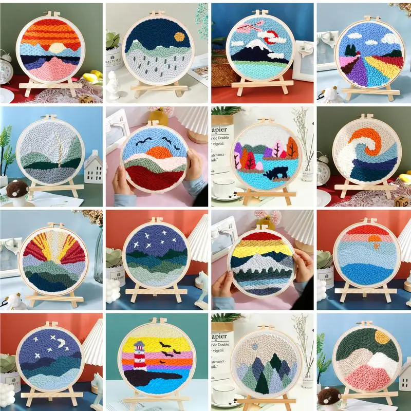 

GATYZTORY Punch Needle Starter Kit Landscape Crafts For Beginner Set Adjustable Embroidery Pen Hoop for Kids Adults Craft Gift