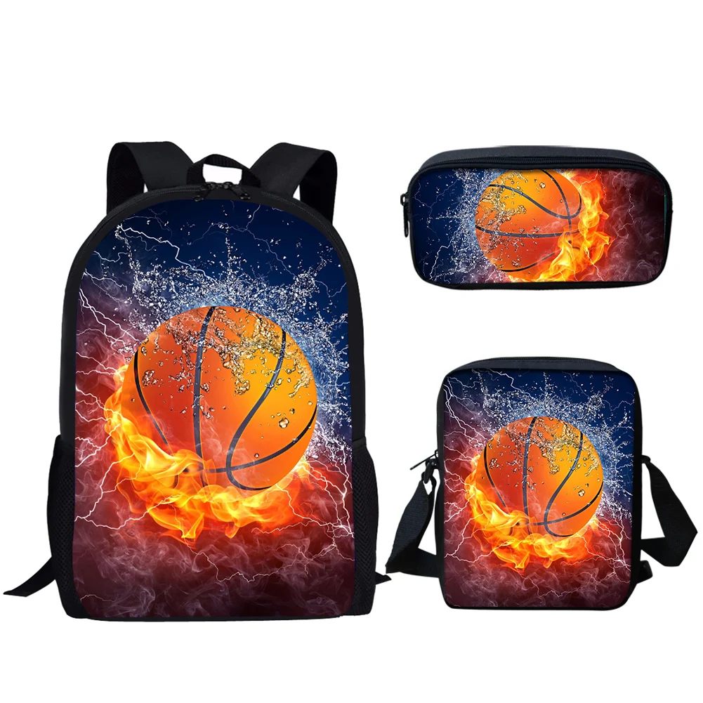 Belidome Fire and Water Basketball Print 3Set School Bag for Teen Boys Casual Backpack for Student Schoolbags Mochila Infantil