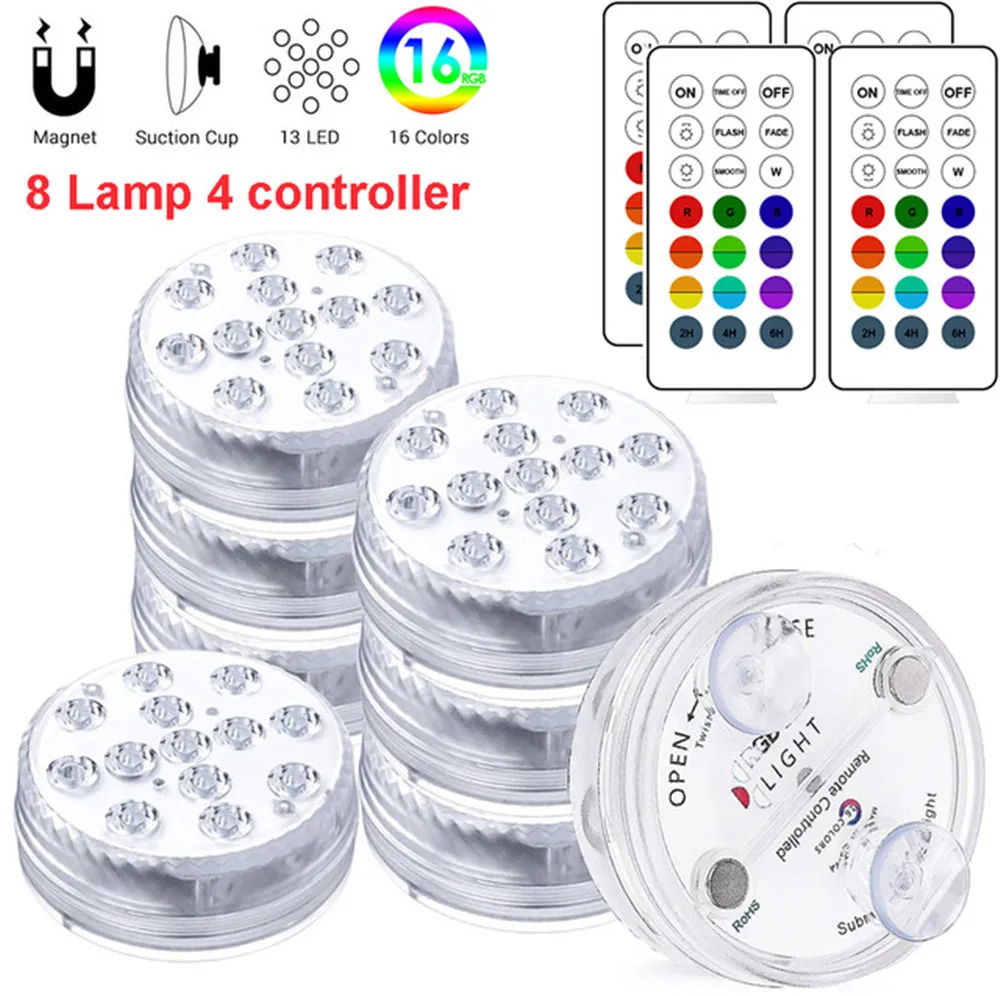 

13leds Magnetic Sucker Submersible Light Waterproof Remote RGB Underwater Lights for Hmoe Party Aquarium Pool Bathtub Vase Decor