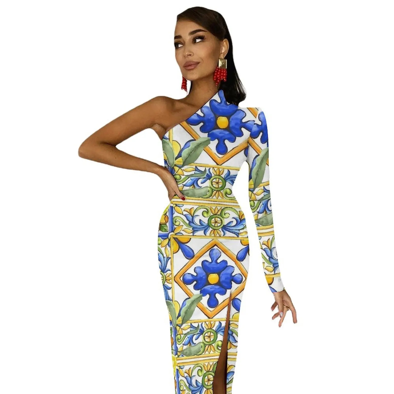 Majolica Лимонное платье макси с длинным рукавом и цветами цитрусовых плитка