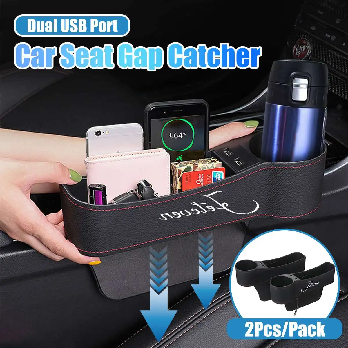 

2PC USB Charger Car Seat Organizer Box Seat Gap Space Pocket PU Leather Phone Bottle Cups Holder Multifunctional Car Accessories