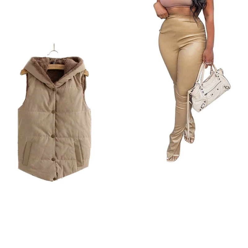 

Slim Slimming Breathable Stretch Pants Khaki L With Coral Fleece Hooded Women Vest Jacket Patchwork Sleeveless XL