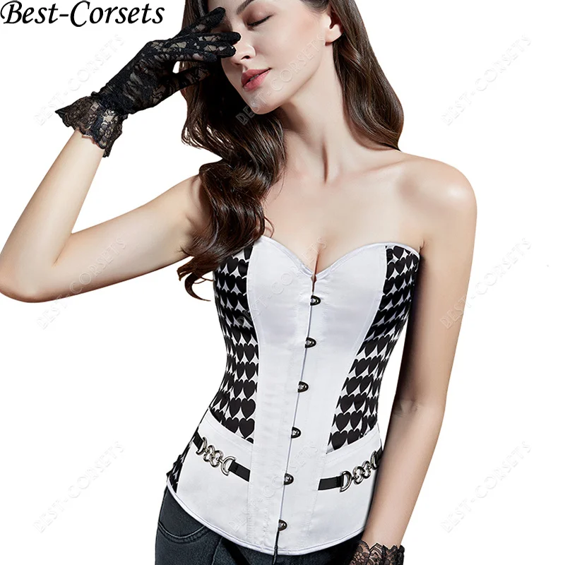 

Sexy Corsets for Women Black White Heart Print Corset Bustier With Pocket Burlesque Costume Plus Size Gothic Satin Corset Top