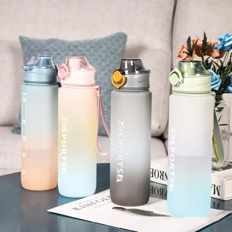 

Спортивная бутылка для фитнеса объемом 1 л, бутылка для воды большой емкости, соломенная чашка, градиентный цвет, фотография времени