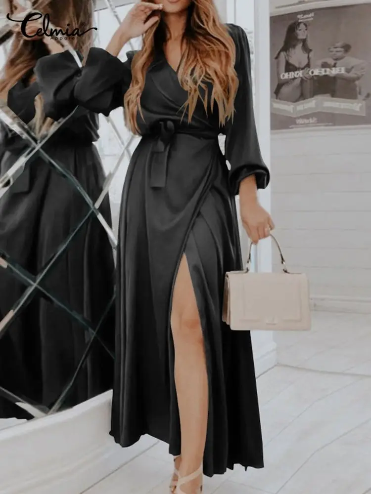 

Celmia 2022 Fashion Split Party Robes Satin Casual Pleated Long Puff Sleeve Maxi Dresses Elegant Wrap V-neck Women Long Vestidos