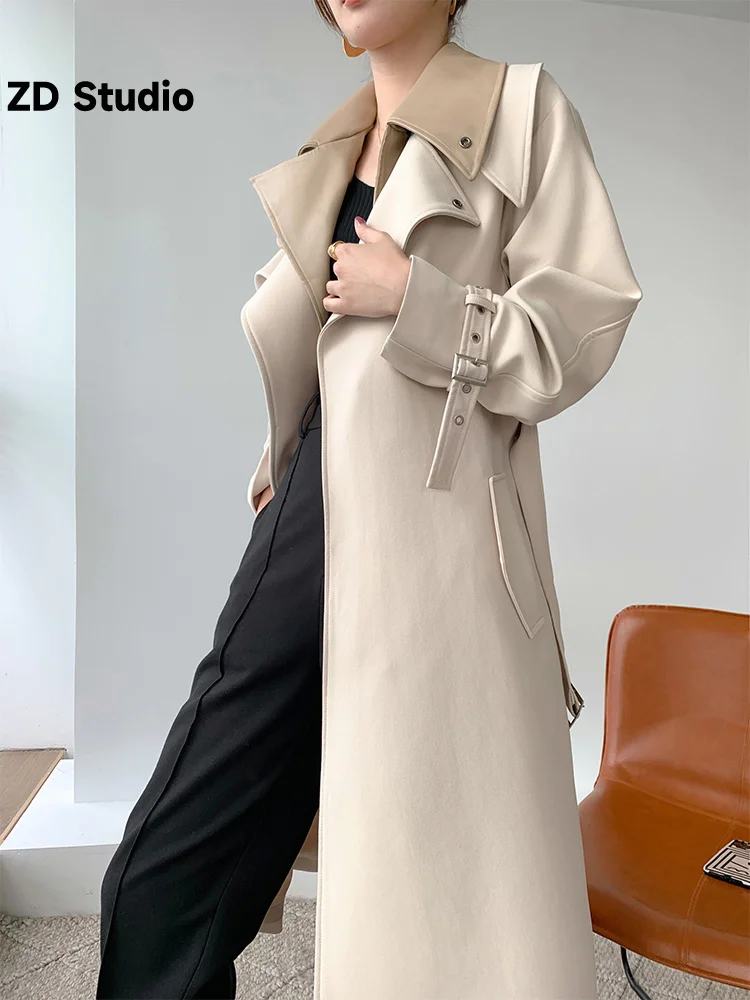

[ZD Studio] High End Trench Coat For Women Patchwork Color Block Belt Mid Length Female Windbreaker Office Lady Autumn New