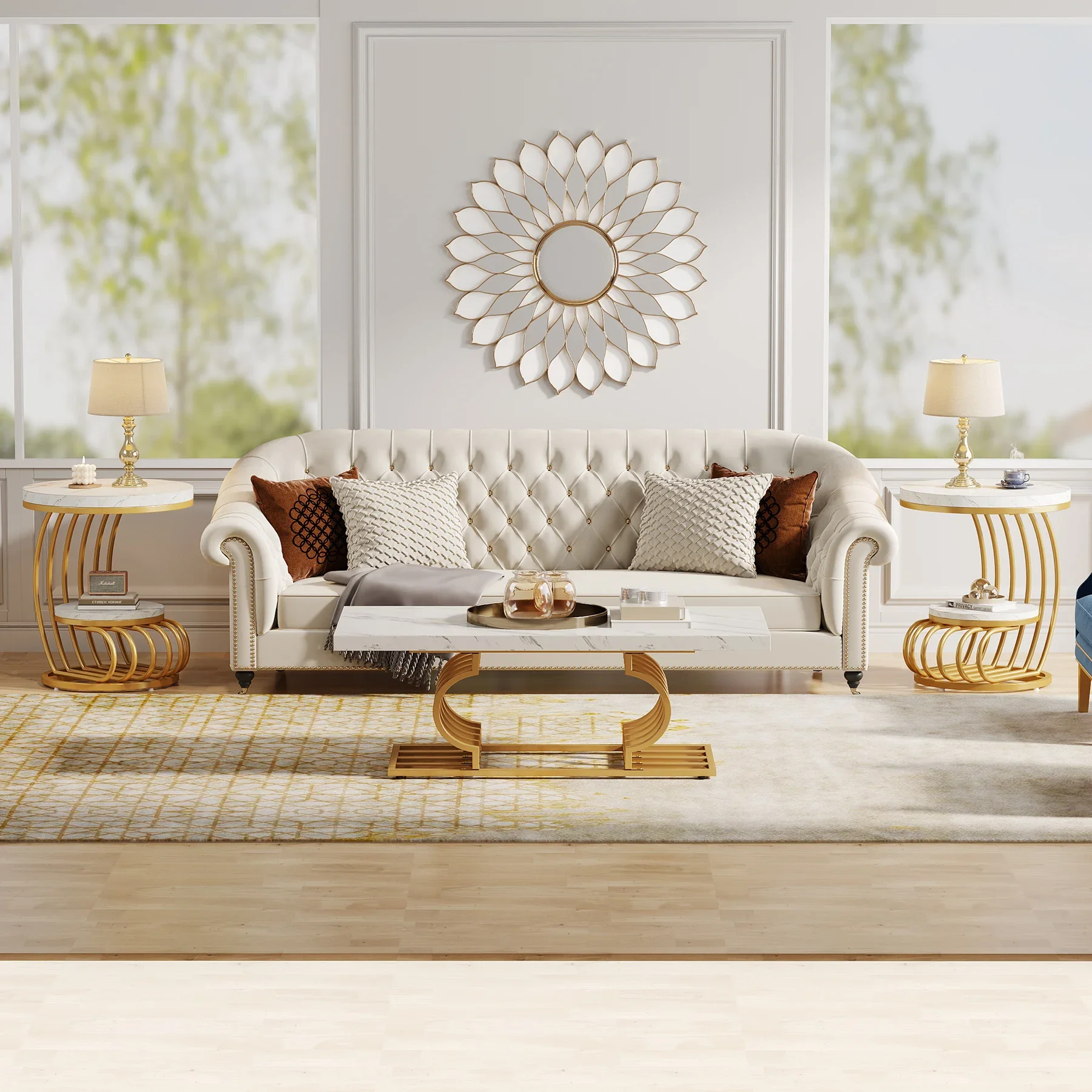 Золотой круглый столик Tribesigns: 2-х ярусный приставной из искусственного мрамора с