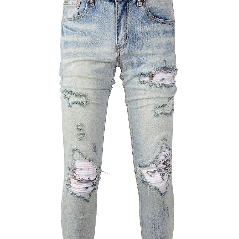 

2022 New Mens #A839 HIgh Street Fashion Distressed Print Ribs Patchwork Destroyed ripped Holes Patches Washed Light Blue Jeans
