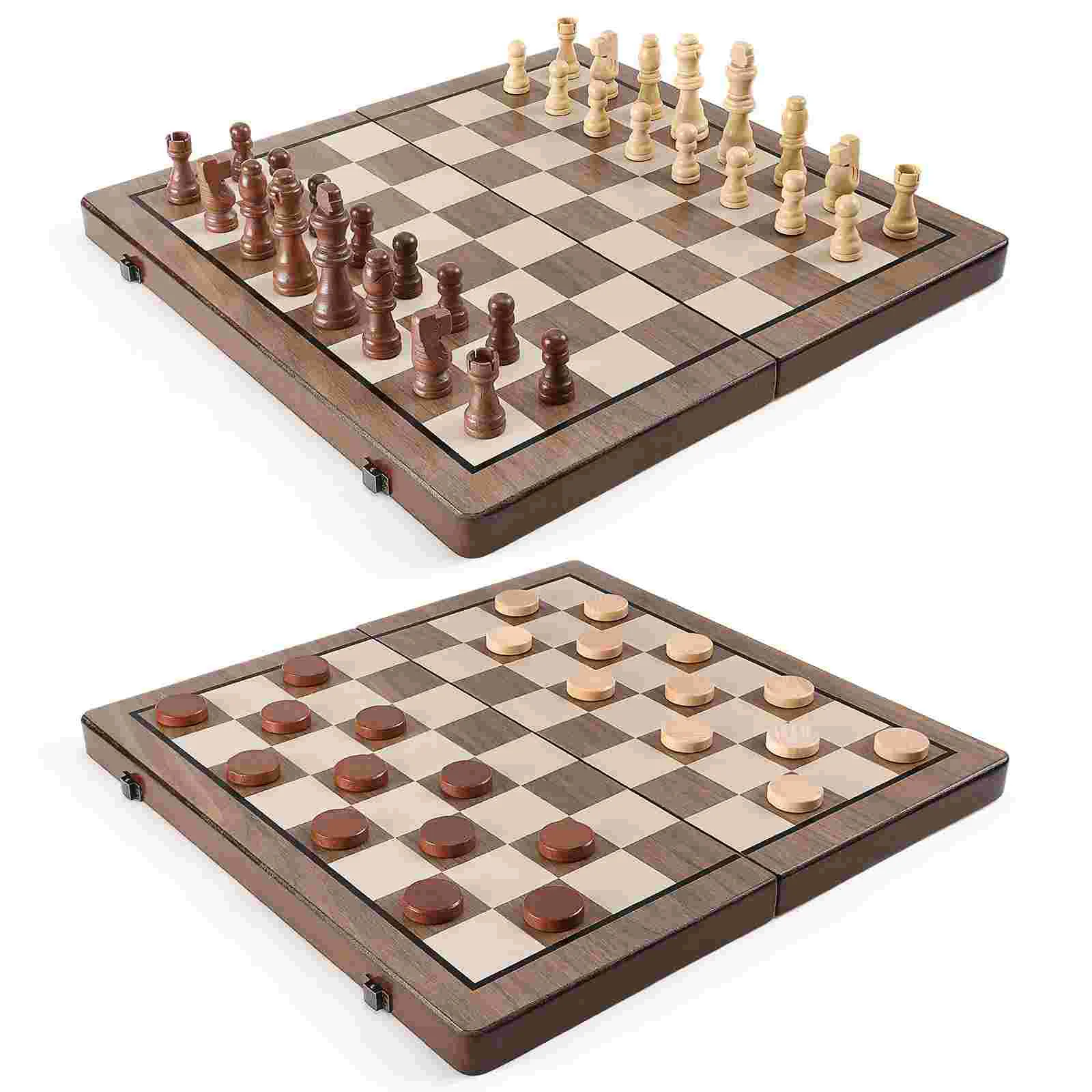 

Chess Board Set Game Checkers Woodenfolding Travel Portable International Kids Pieces Beginner Checker Crafted Toy Foldable