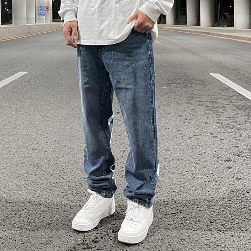 

Джинсы мужские прямые с принтом шрифтов, уличная одежда в стиле хип-хоп, готический стиль, зауженные повседневные брюки с эффектом потертости, синие