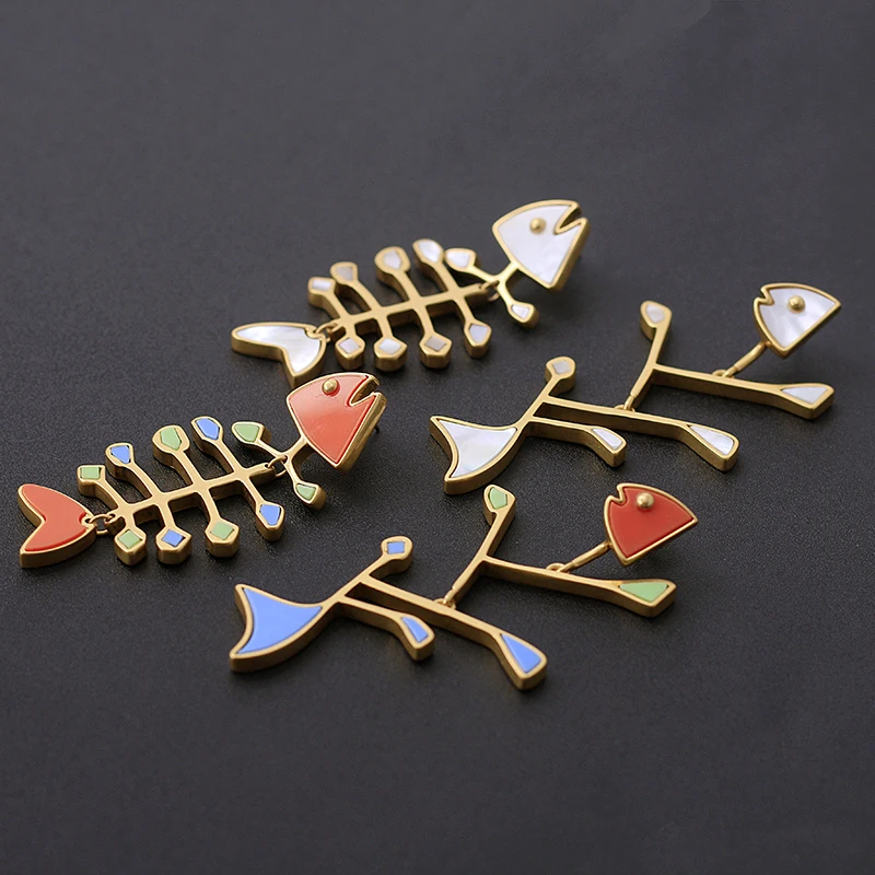 

Большие темпераментные длинные серьги, женские асимметричные серьги в виде рыбьей кости