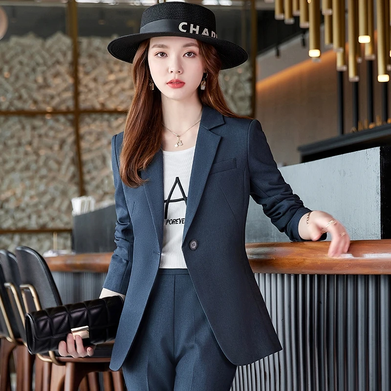 2022 Autumn Formal Ladies Grey Blazer Women Business Suits with Sets Work Wear Office Uniform  Large Size Pants Jacket Spring