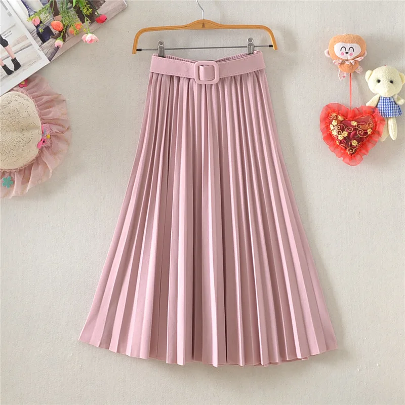 

Autumn Korean Style Candy A-line Pleated Calf Drape Long Skirts with Belt Pink Green Khaki