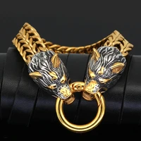 mens stainless steel odin wolf bracelet amulet nordic viking celtic wolf head bracelet indelible gold king chain rock jewelry