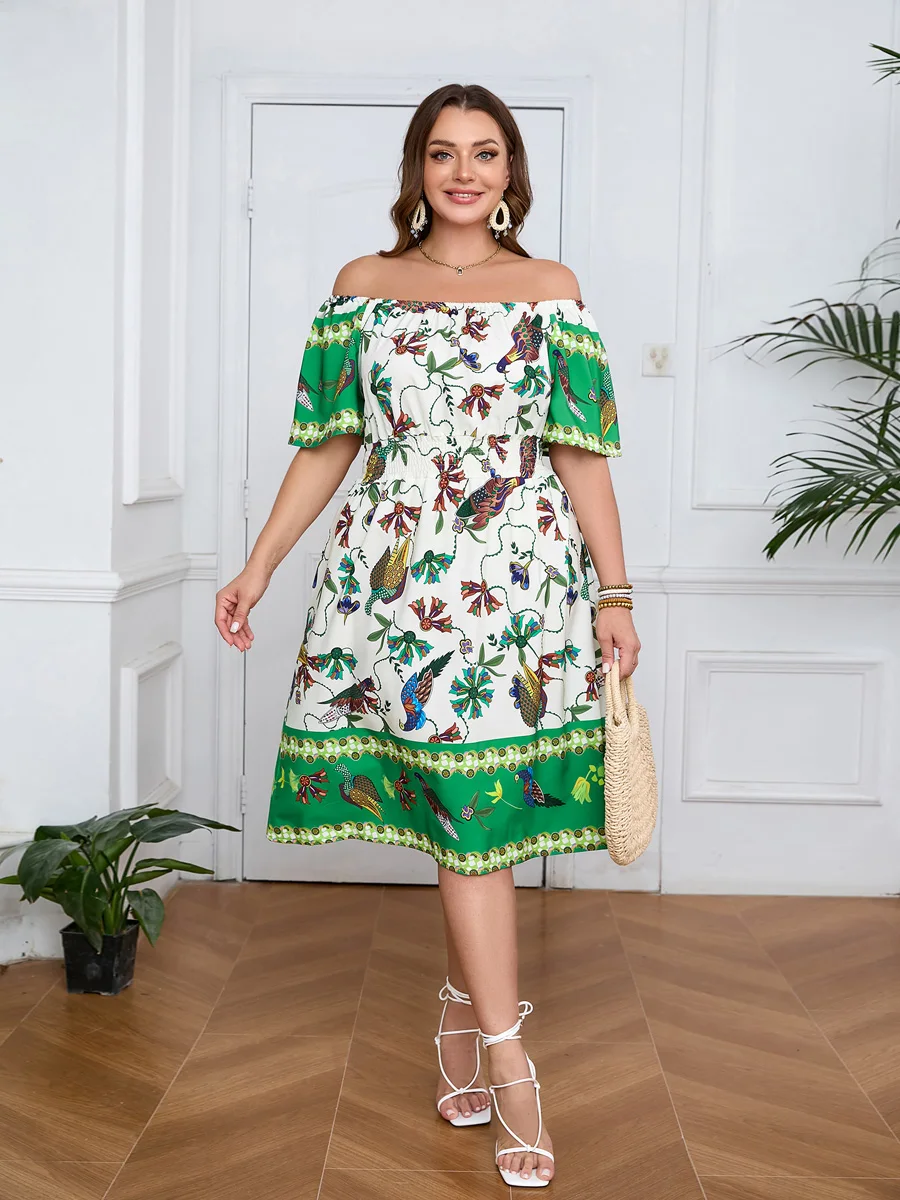 Женское платье-миди с цветочным принтом коротким рукавом