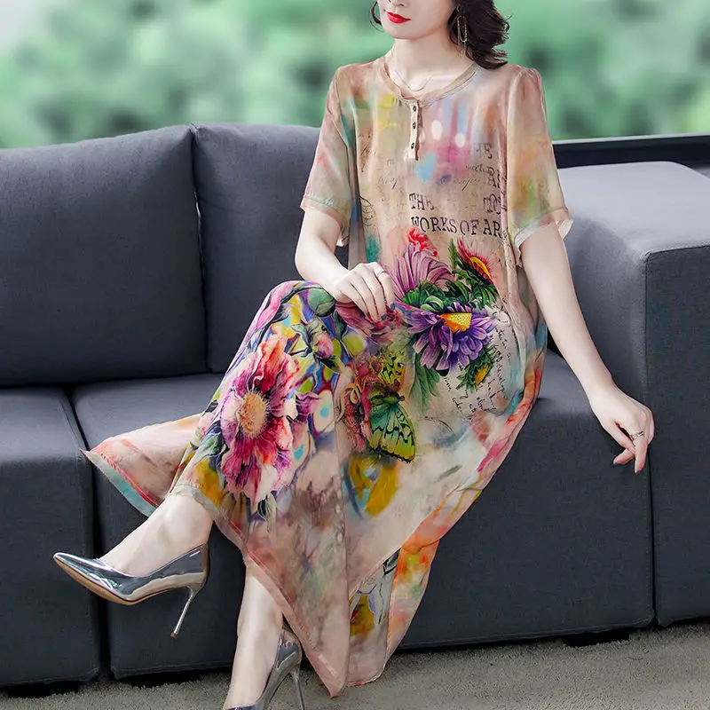 

Moms Summer Dress 2023 New Style Wide Lady Western Noble Middle-aged and Elderly Womens Short-sleeved Loose Midi Vestidos Q66