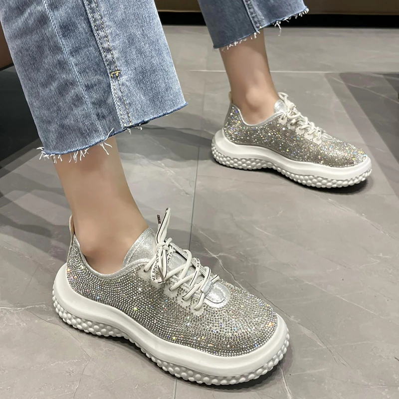 

Platform Sneakers Women Black Thick Sole Vulcanized Shoes Women Fashion Rhinestone Lace Up Sport Shoes