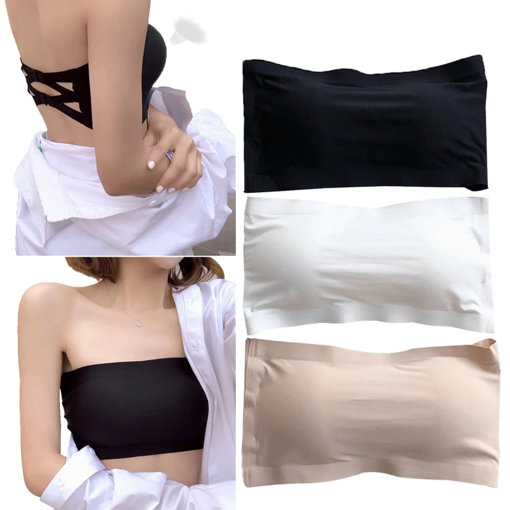 

3Pcs Women Strapless Bra Tube Tops Without Traces Underwear Basic Models Removable Stretchy Tube Top Black White Skin Tone
