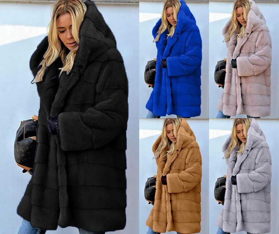 Plus Size Fur Women Coat Winter Long Sleeve Faux Fur Hooded Warm Overcoat Female Faux Fur Coat