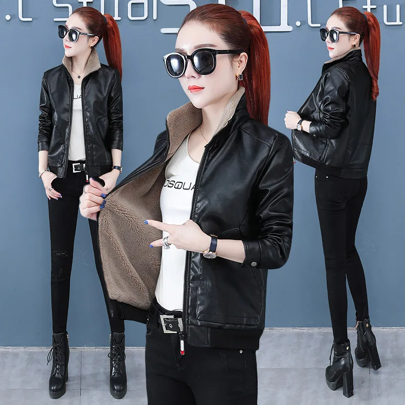Burgundy Leather Coat Women's Short Plush Thickened Autumn  Winter 2022 Middle Aged Women's Motorcycle Leather Jacket for Warm