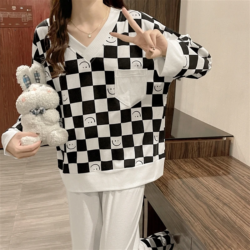 

Пижамный комплект Женский клетчатый из двух предметов, рубашка с V-образным вырезом и брюки, домашний хлопковый Повседневный пижамный компл...