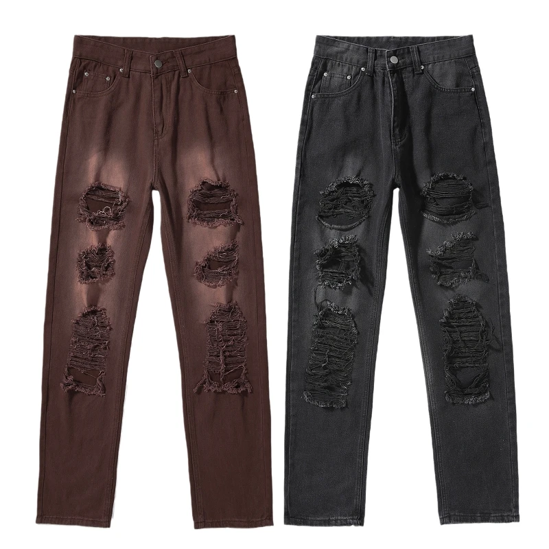 

MXMB Women Gothic Punk High Waist Washed Jeans Harajuku Vintage Ripped Holes Baggy Wide Leg Straight Trousers Denim Pants