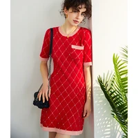 2022 fashion designer red sweater dress women short sleeve diamonds slim plaid a line knitted party dress