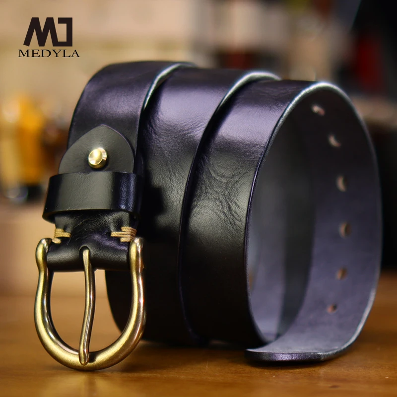 MEDYLA Men's Natural Cowhide Belt Retro Belt Hand-stitched Pure Copper Belt Top Cowhide Belt Genuine Leather Belt For Men