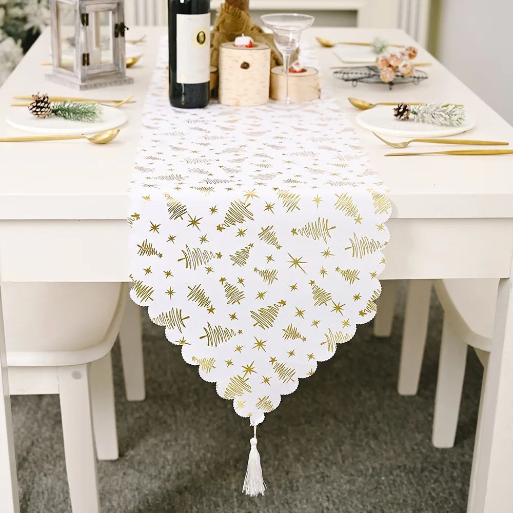 

White Fabric Dinning Table Flag with Metallic printing pattern Christmas festival desk cloth Dinning room joy family party favor