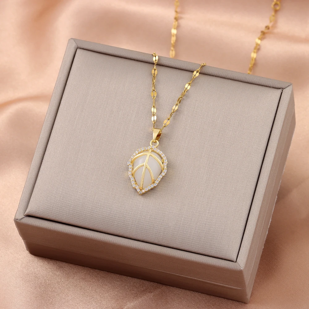 Женская цепочка с подвеской в виде листьев опала из нержавеющей стали