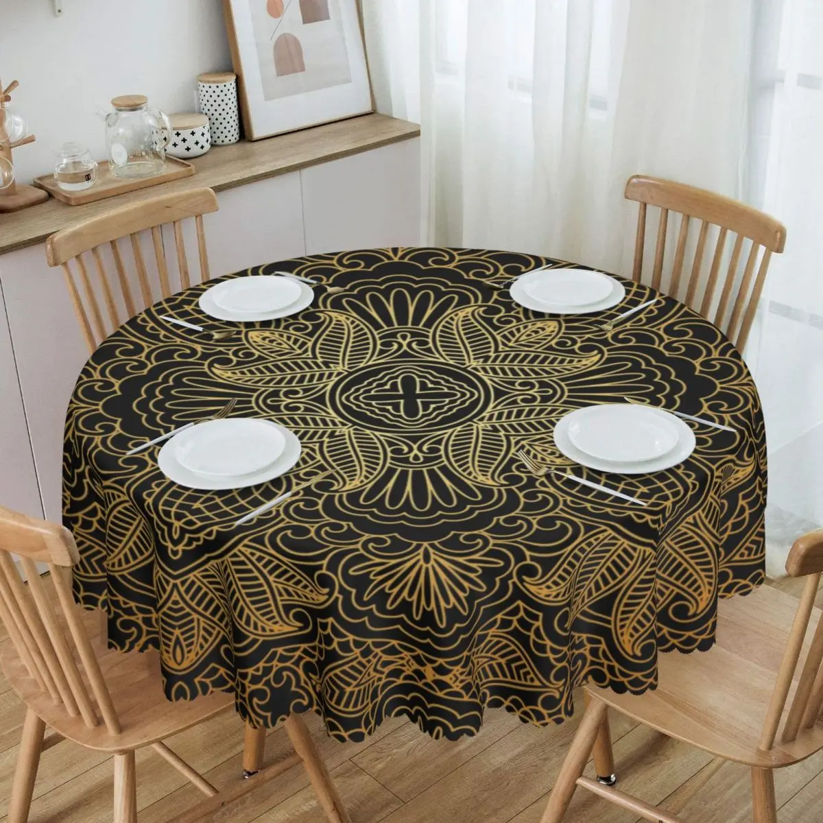 

Mandala Gold Paisley Style Tablecloth Round Waterproof Vintage Ornate Floral Table Cover Cloth for Banquet 60 inch