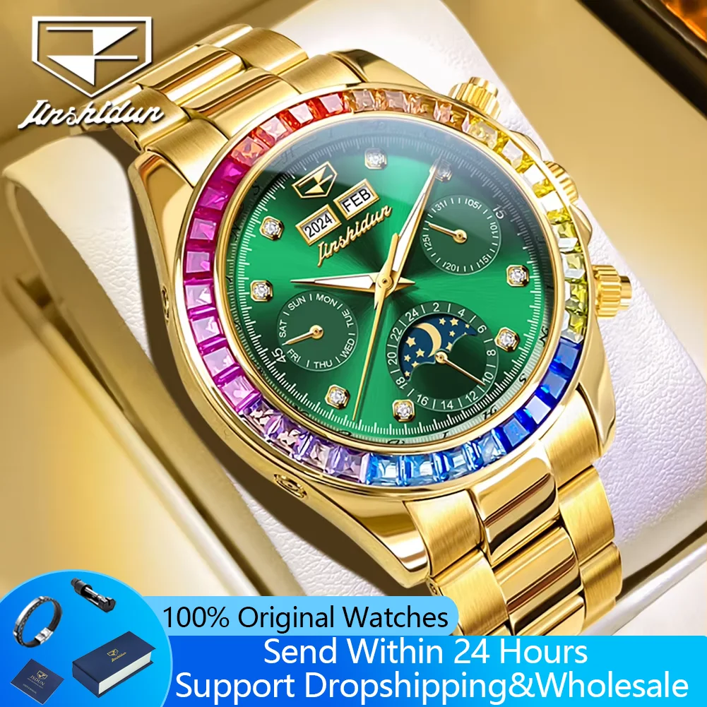 Фото Мужские автоматические часы JINSHIDUN 8974 с фазами Луны, золотым стальным браслетом, радужными бриллиантами, роскошные оригинальные механические часы №1