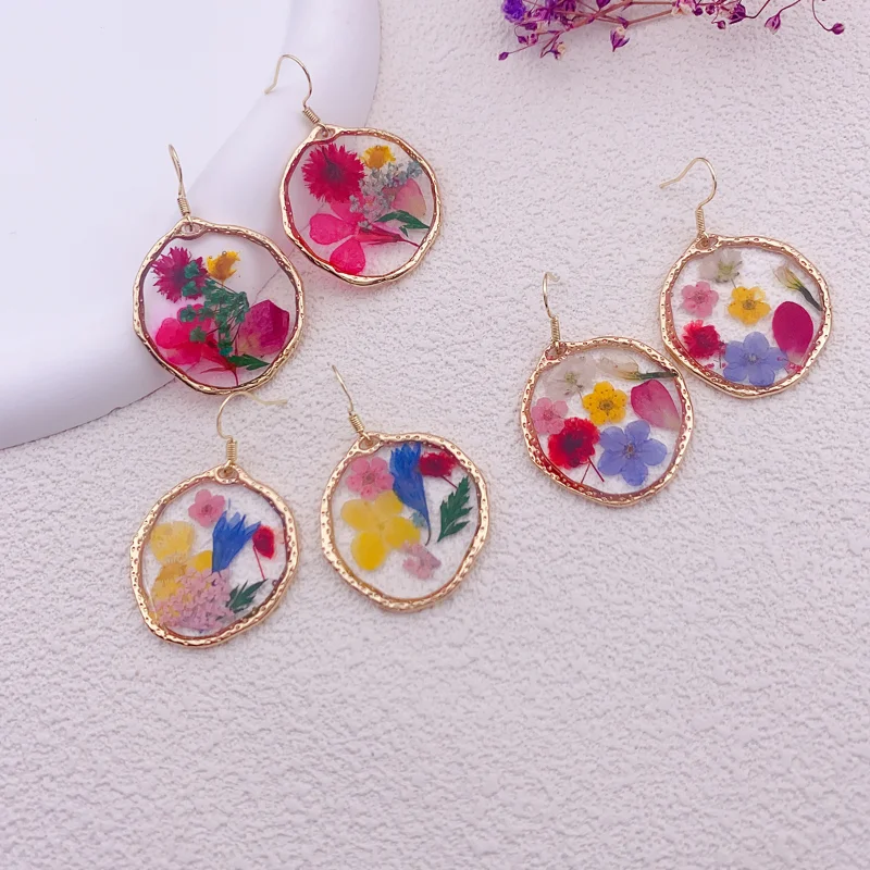 

Minar Cute Romantic Real Dye Flowers Round Resin Drop Earrings for Women Gold Plated Metal Geometric Pendant Earring Brincos