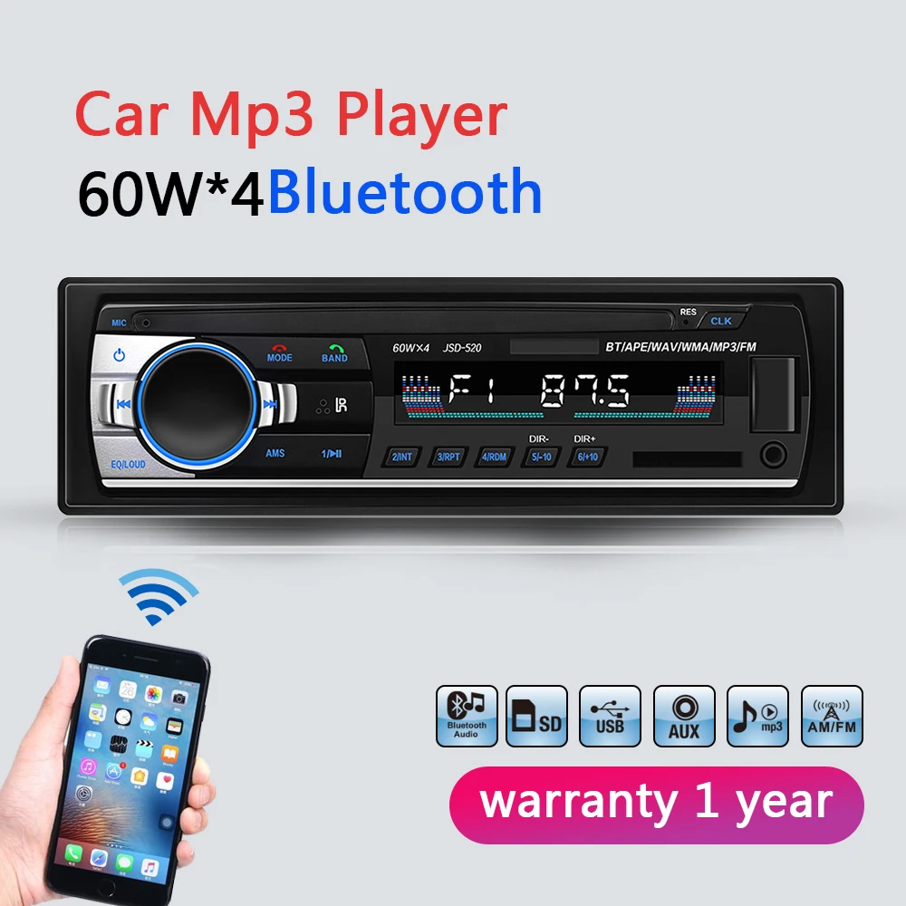 

Bluetooth In-Dash 1-Din Radio Car Mp3 Player Stereo LED Screen FM Transmitter AUX Usb SD Car MP3 Multimedia Music Player JSD-520