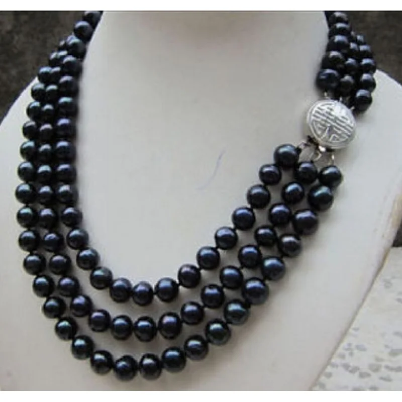 

HOT 003527 HOT 3 ROW 9-8MM TAHITIAN GENUINE BLACK PEARL NECKLACE